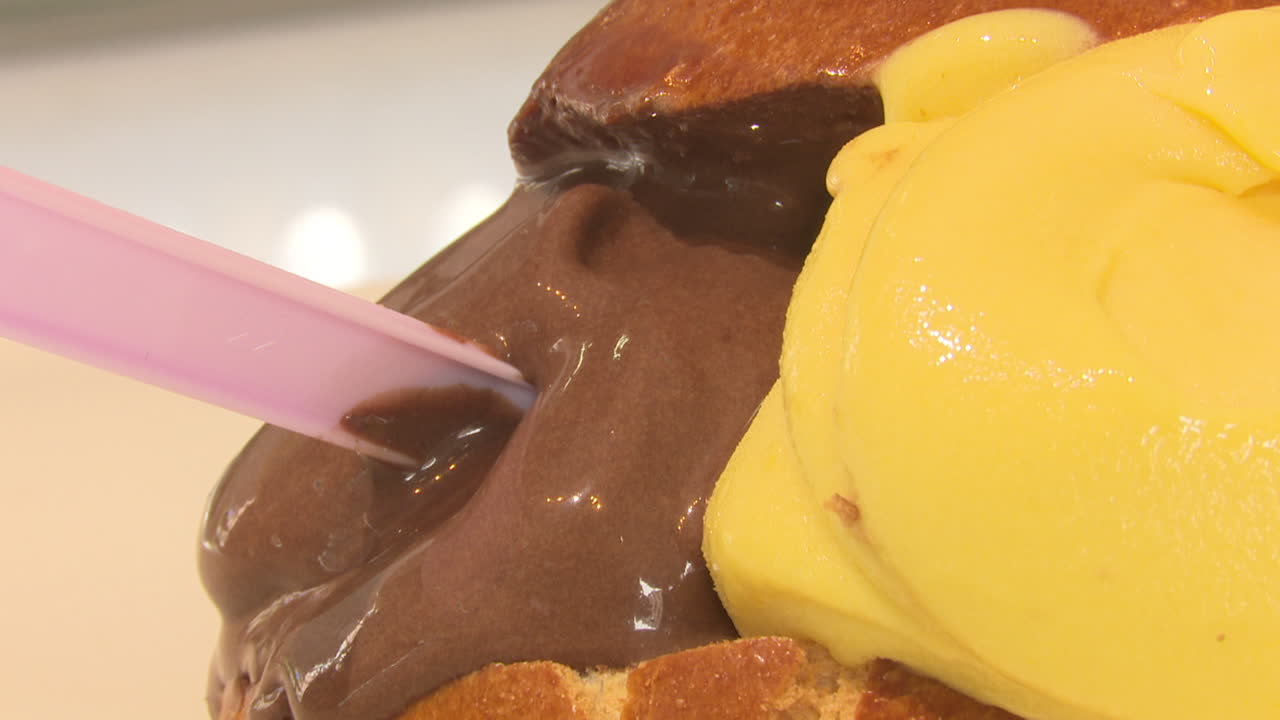 Chocolate and Yellow Ice Cream on Pastry
