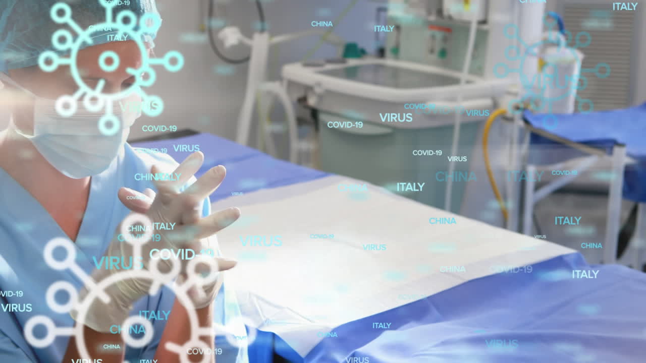 박테리아 와 파란색 단어 아이콘 을 통해 기도 하는 외과 의사 의 애니메이션