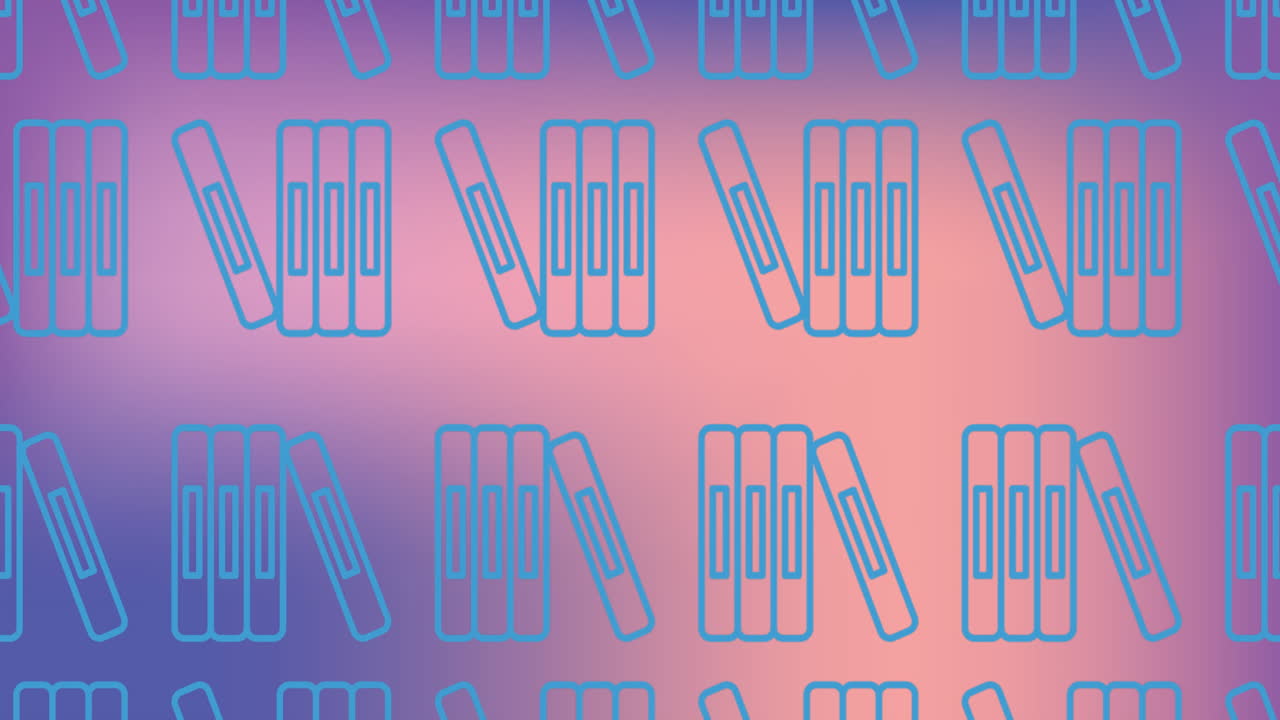 animación de libros escolares con iconos azules sobre un fondo rosado.