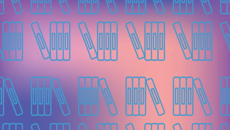 animación de libros escolares con iconos azules sobre un fondo rosado.