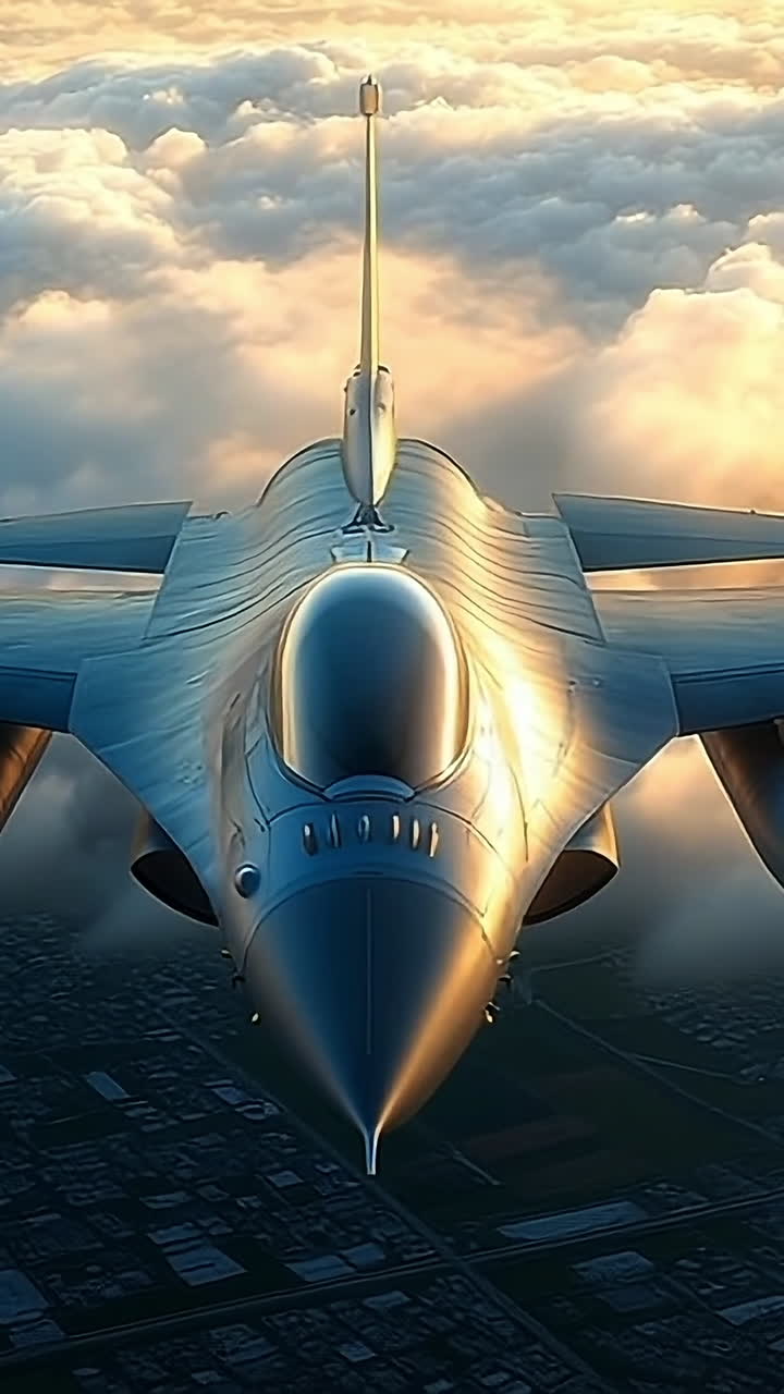 Jet flying through sunset clouds. A fighter jet soars over a city at sunset, enveloped by golden clouds, showcasing its power and agility.