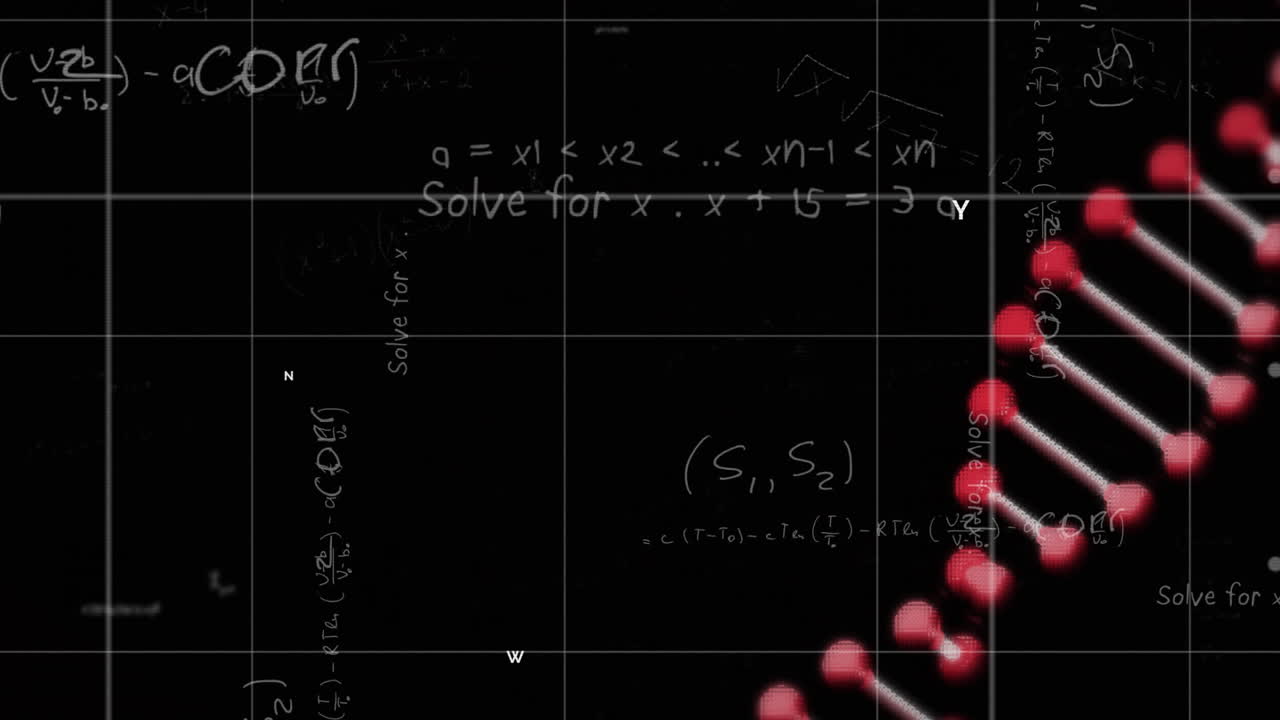 animación de ecuaciones matemáticas y hebra de adn sobre un fondo negro