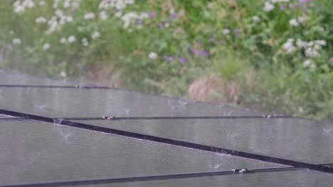 rain splashing on solar panels during heavy storm, producing low levels of energy