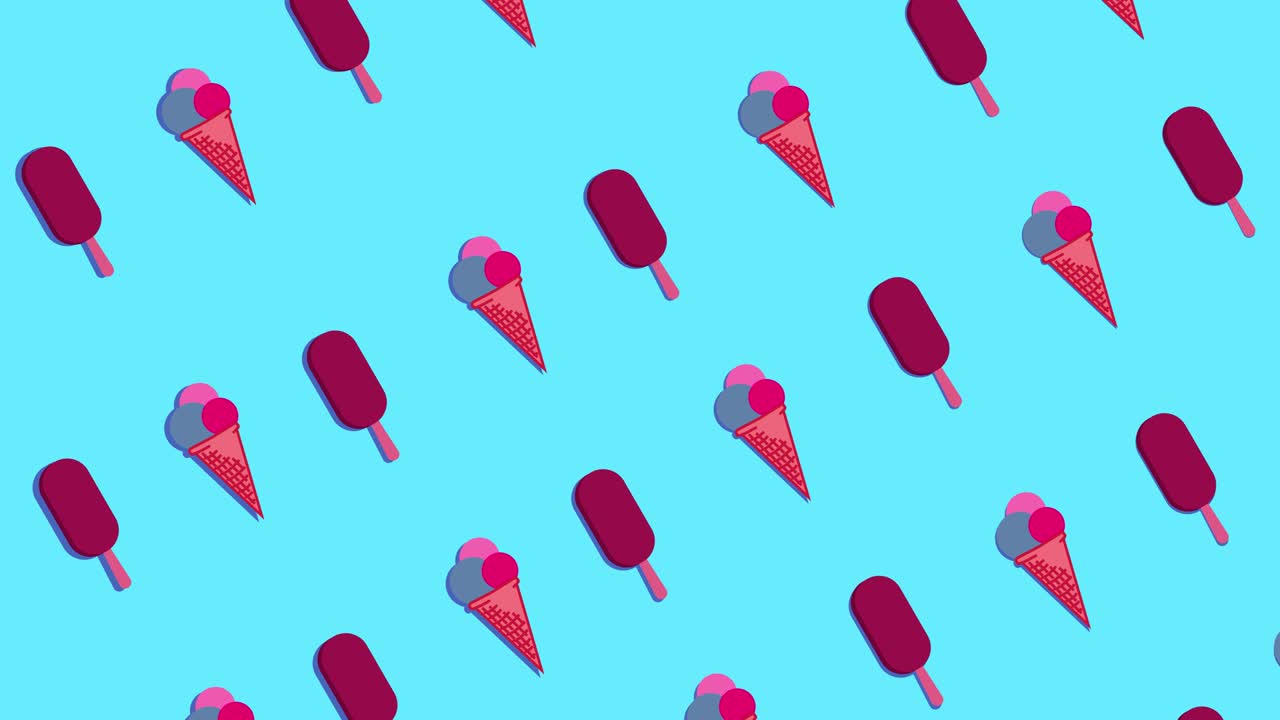 luz de neón en animación de video con cono de helado, caramelo de hielo en fondo azul.