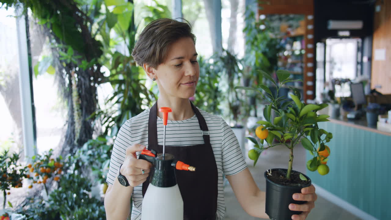 Woman watering a potted orange tree in a flower shop