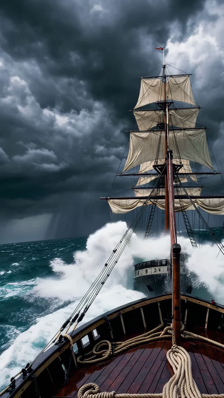 Sailing Ship Battles a Storm at Sea