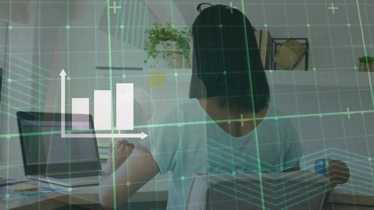 Animation of data processing over woman using laptop