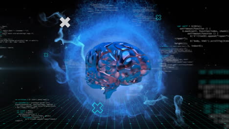 animazione del cervello umano e elaborazione dei dati su sfondo scuro