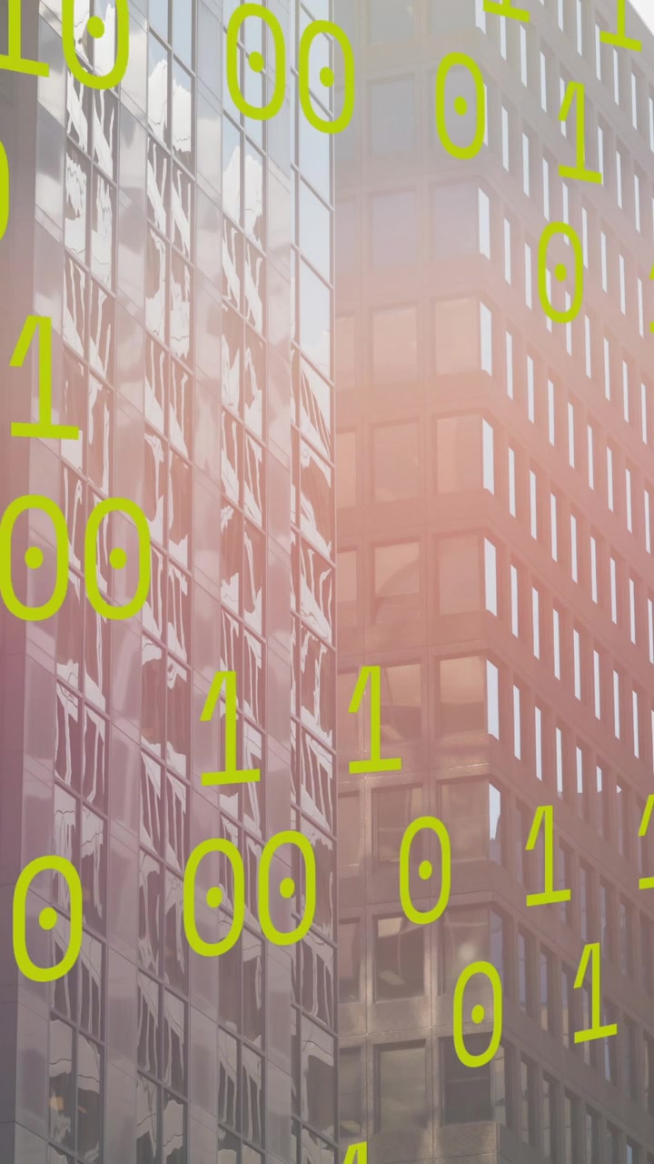 Animazione di elaborazione dati di codifica binaria su grattacieli.