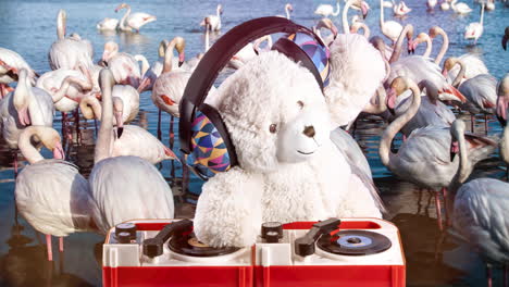 dj de oso de peluche con flamencos