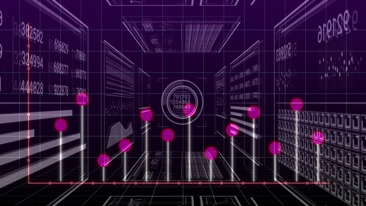 Central circular HUD rotating within 3D data room, featuring floating panels and rising neon nodes