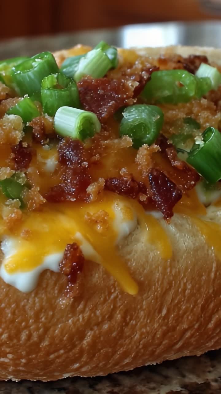 Panecillo deliciosamente cubierto con tocino crujiente, queso cheddar, cebolletas y migas sabrosas para una experiencia de aperitivo irresistible