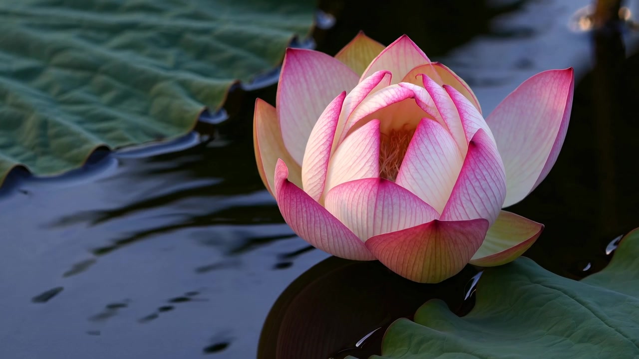 Timelapse av en rosa lotusblomst som blomstrer i en dam