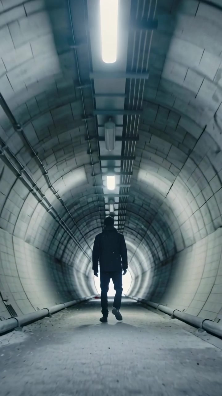 Video verticale: Uomo che cammina, attratto da un'uscita luminosa, si muove al centro di un tunnel indossando una giacca scura.