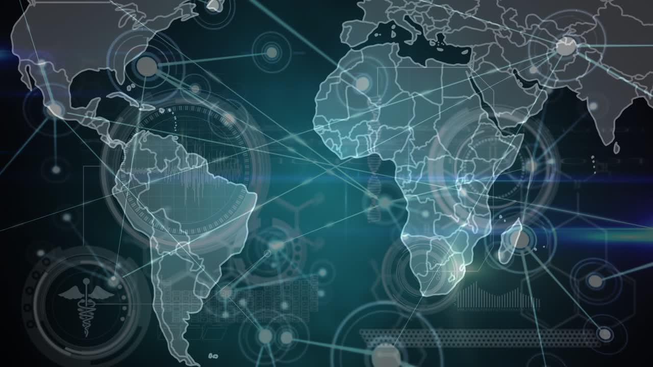 Animation of scope scanning over data processing with world map and network of connections