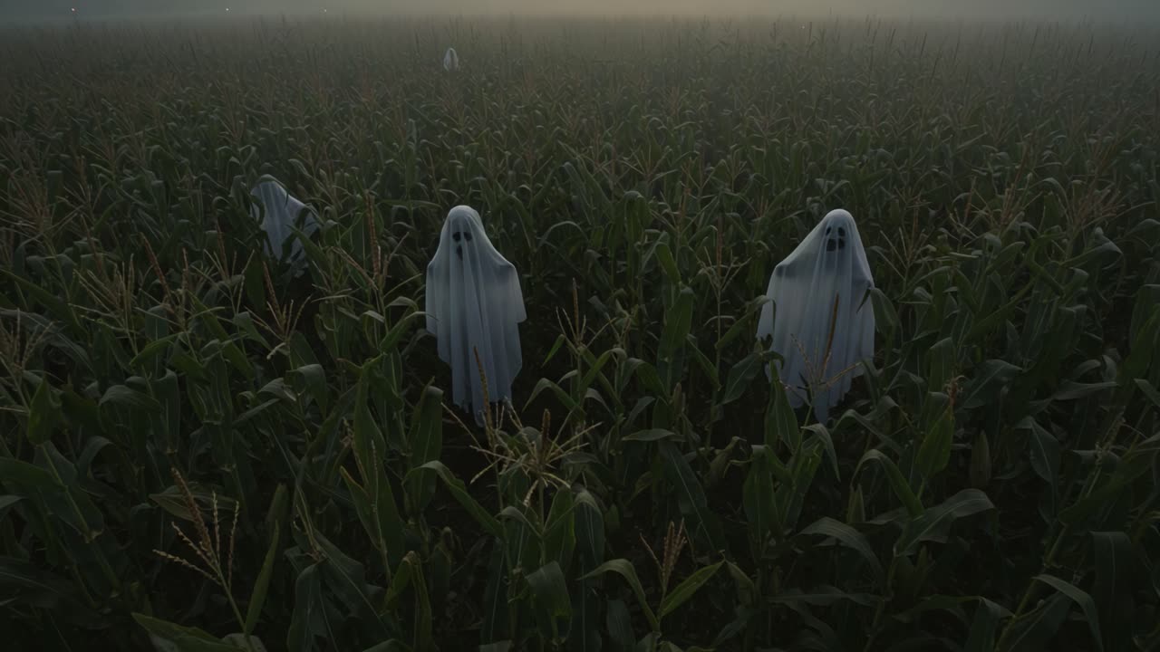 Fantasmi Inquietanti si Materializzano tra Alti Steli di Mais in un Campo Nebbioso al Crepuscolo, Creando un'Atmosfera Spettrale Perfetta per le Scene di Halloween