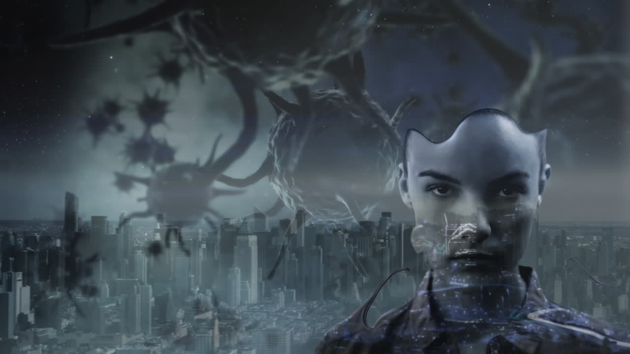 animación de una mujer sobre células macro de covid-19 y un paisaje urbano en el fondo.