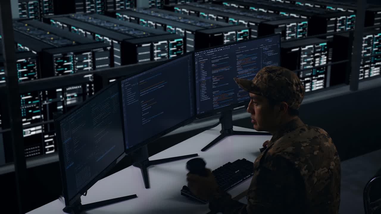 Side View Of Asian Military Drinking Coffee And Using Computer To Write Code With Multiple Screens In Data Center