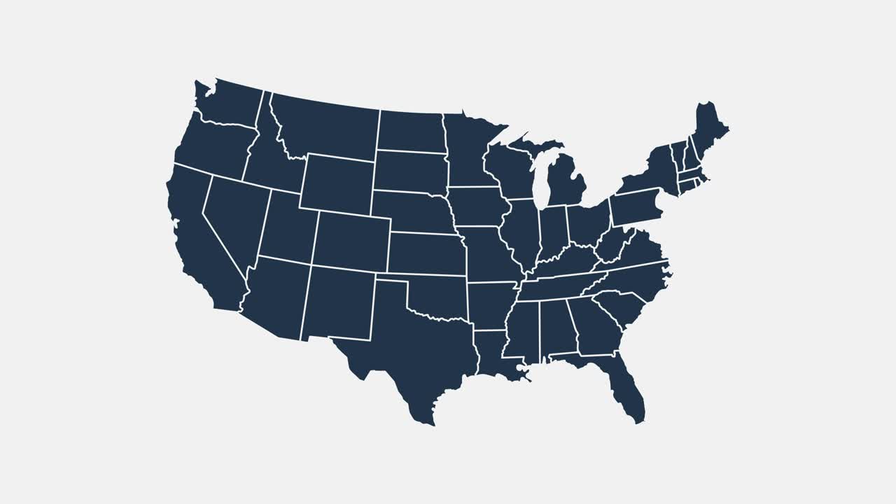 다양한 주를 보여주는 미국 지도 (animated usa contiguous lower 48 u.s. state map on an isolated chroma key background)