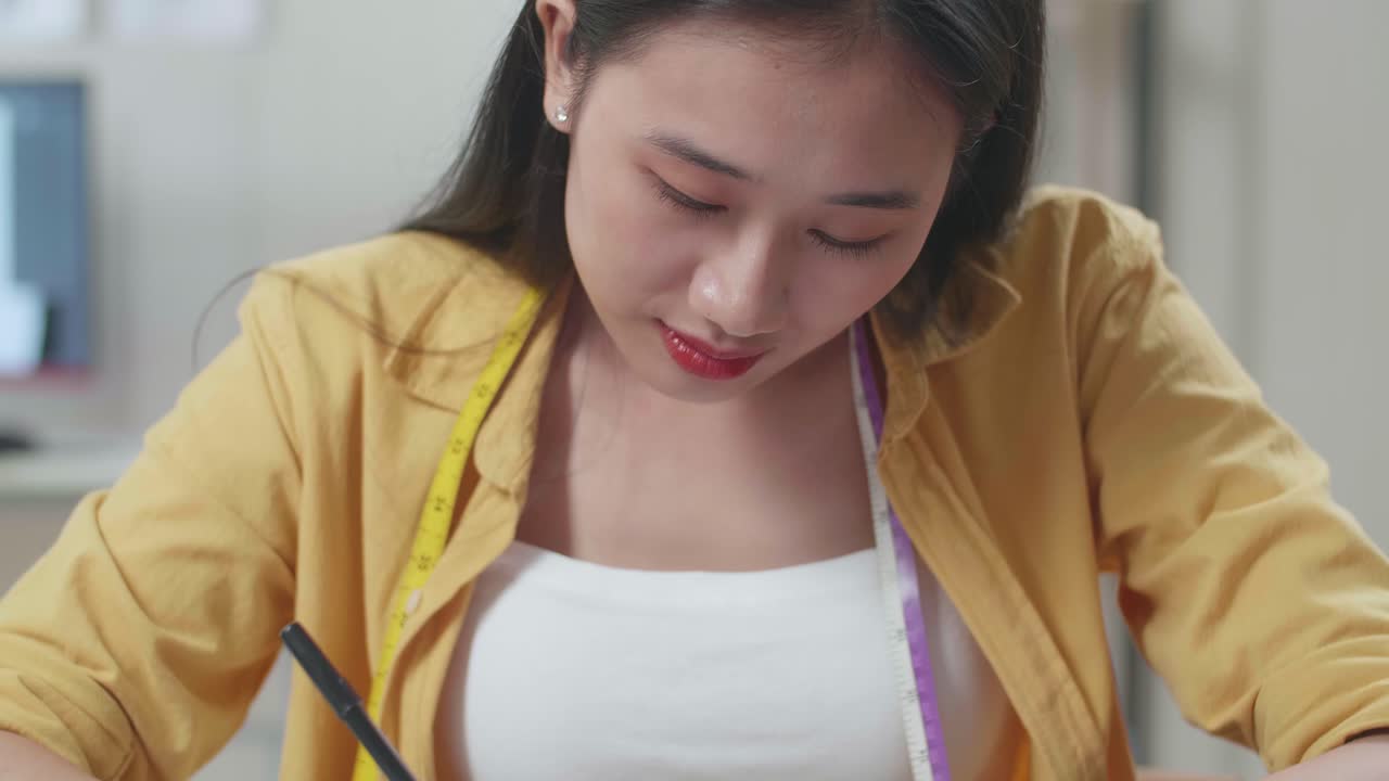 스튜디오에서 옷을 디자인하는 동안 생각하는 아시아 여성 디자이너의 클로즈업