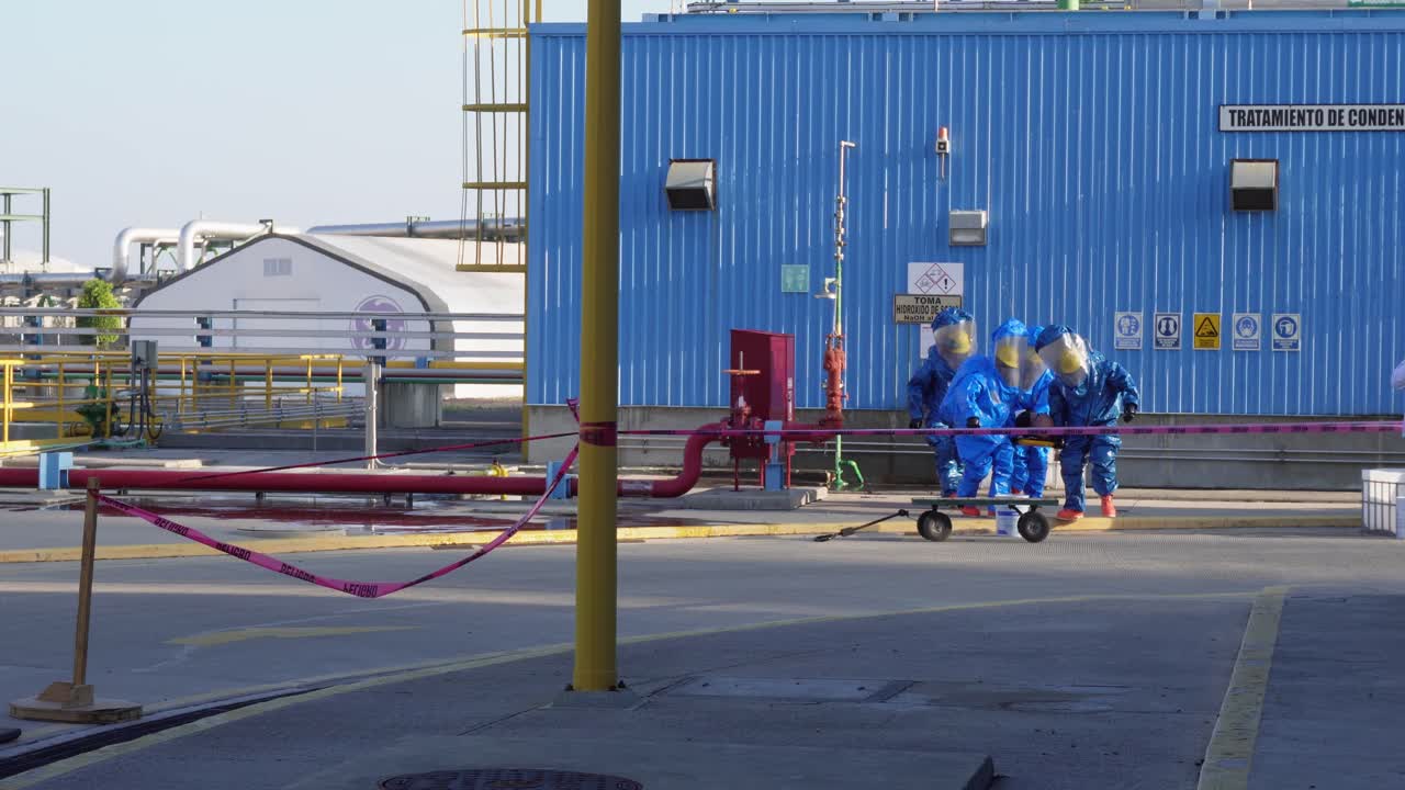 people with Hazmat perform rescue in a chemical emergency