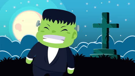 niño lindo disfrazado de frankenstein en el cementerio
