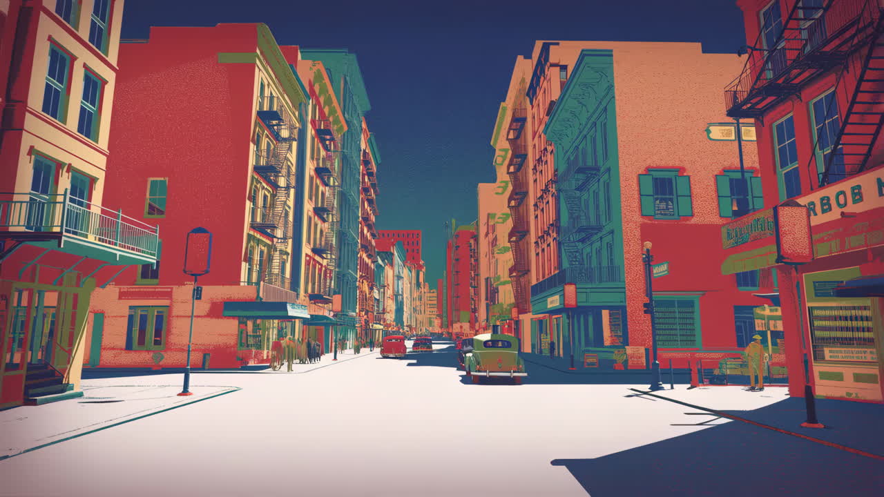 Vibrant Stylized City Street Scene with Retro Architecture