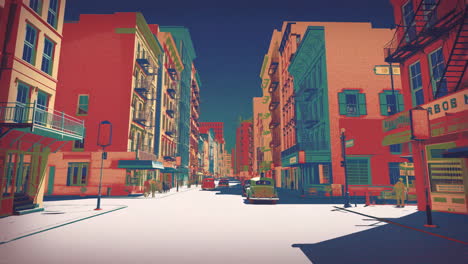 vibrant stylized city street scene with retro architecture