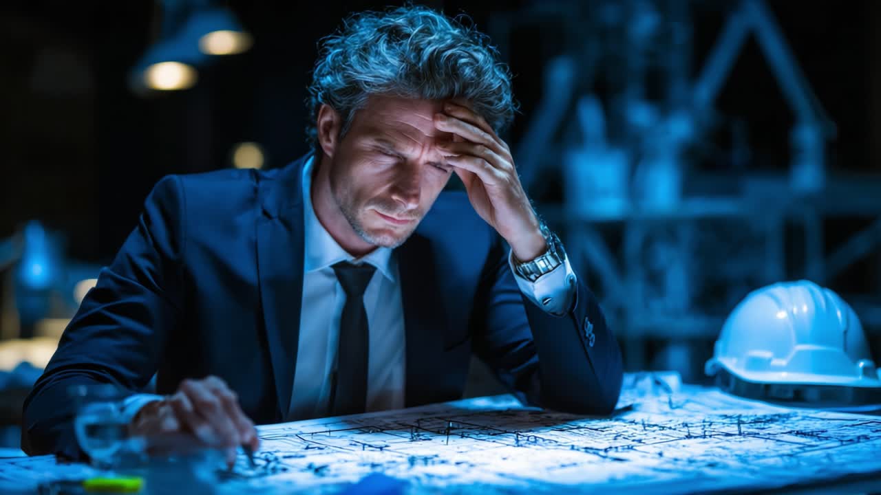 A Frustrated Man in a Suit Pondering Over Architectural Plans in a Dimly Lit Workspace, Faces Challenges and Contemplates Next Steps for Success
