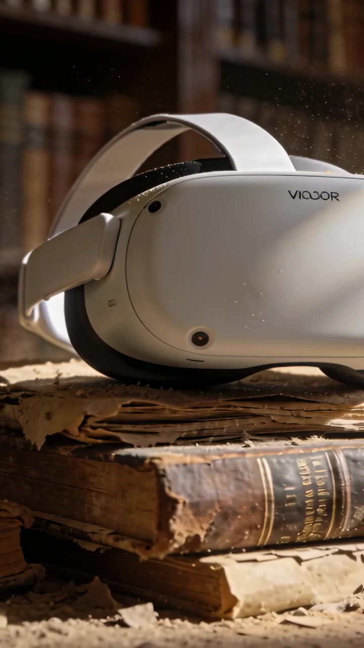 Video vertikal: Kamera menggeser menunjukkan headset VR di meja belajar, menyingkap logo, buku usang, debu