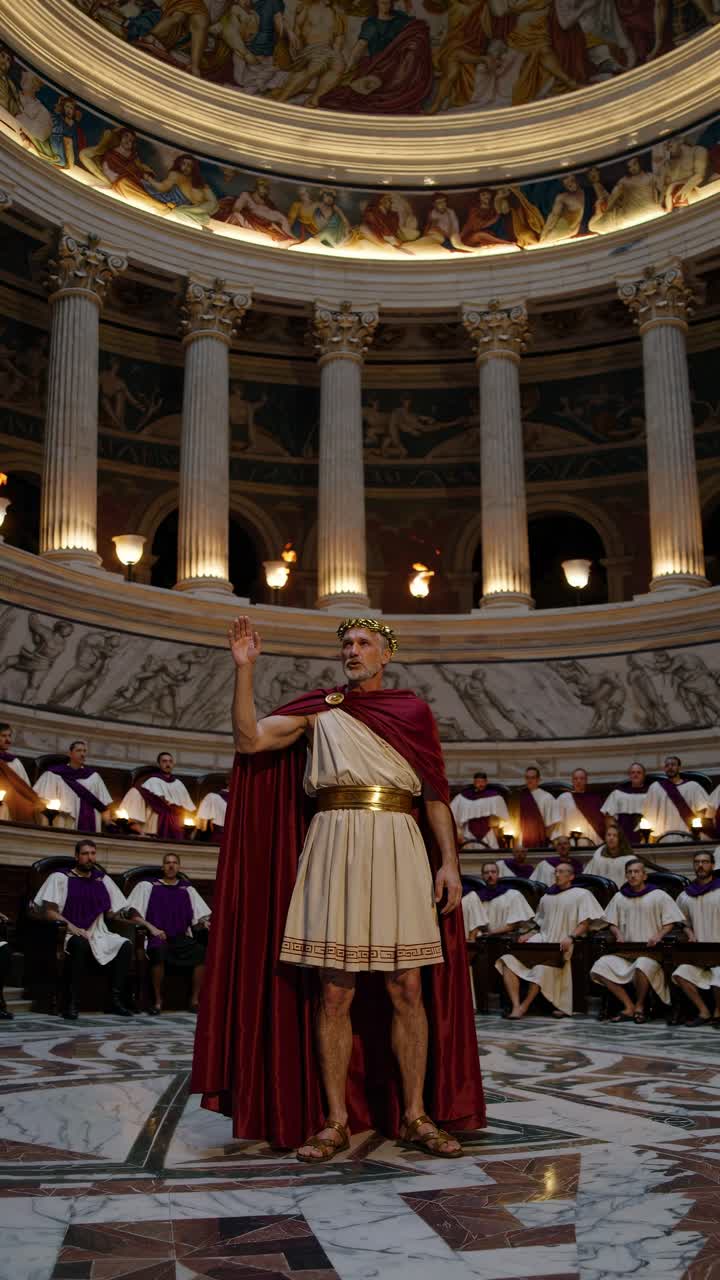 A low-angle video captures a Roman emperor in a grand hall, wearing a toga and crown
