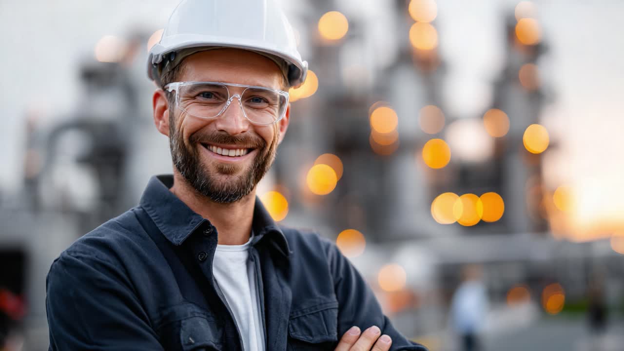 A confident construction professional smiles warmly while wearing safety gear, set against an industrial backdrop. The worker embodies dedication and pride in their trade