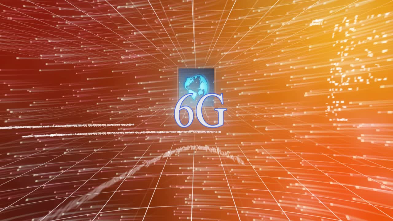 Striimaavat datalinjat paljastavat koodin ja aaltomuodon ennen kasvavaa 6G-palloa, joka edustaa 6G-verkkoa