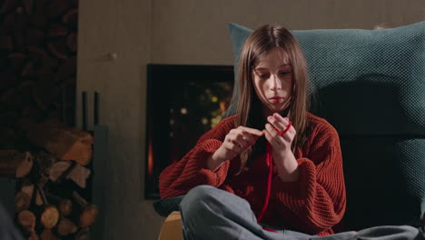 niña tejiendo en un sillón cerca de una chimenea