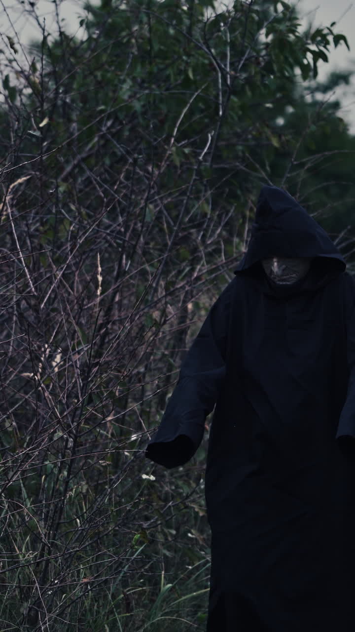 Death walking in field. Ghost in black cloak with hood walking in field Vertical video