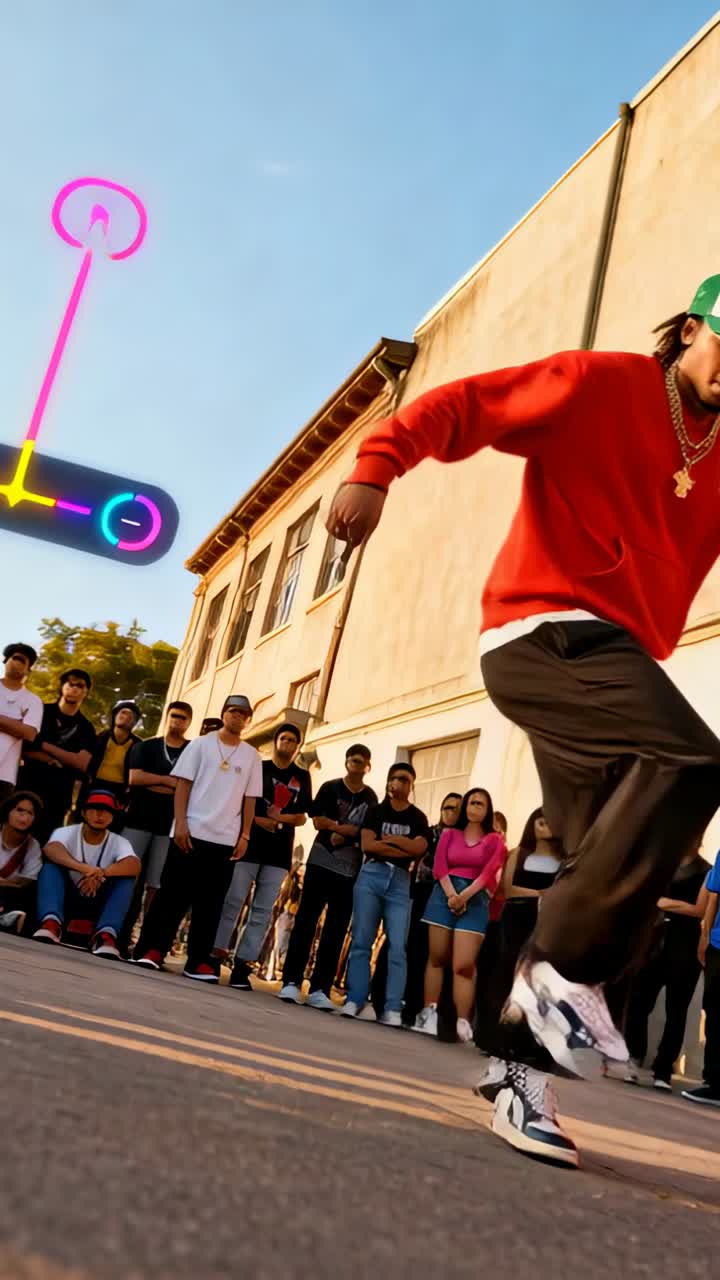 Stepping into circle, street dancer doing steps in courtyard in red sweatshirt performing for crowd