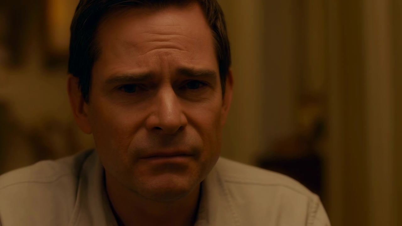 Close frontal view shows adult man in light collared shirt holding furrowed brow and closed lips as his eyelids shut and open again, framed by soft amber light and blurred interior.