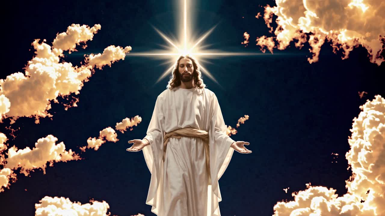 A divine figure in white robes stands with open arms against a backdrop of glowing clouds