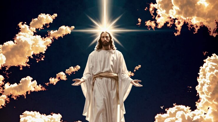 A divine figure in white robes stands with open arms against a backdrop of glowing clouds