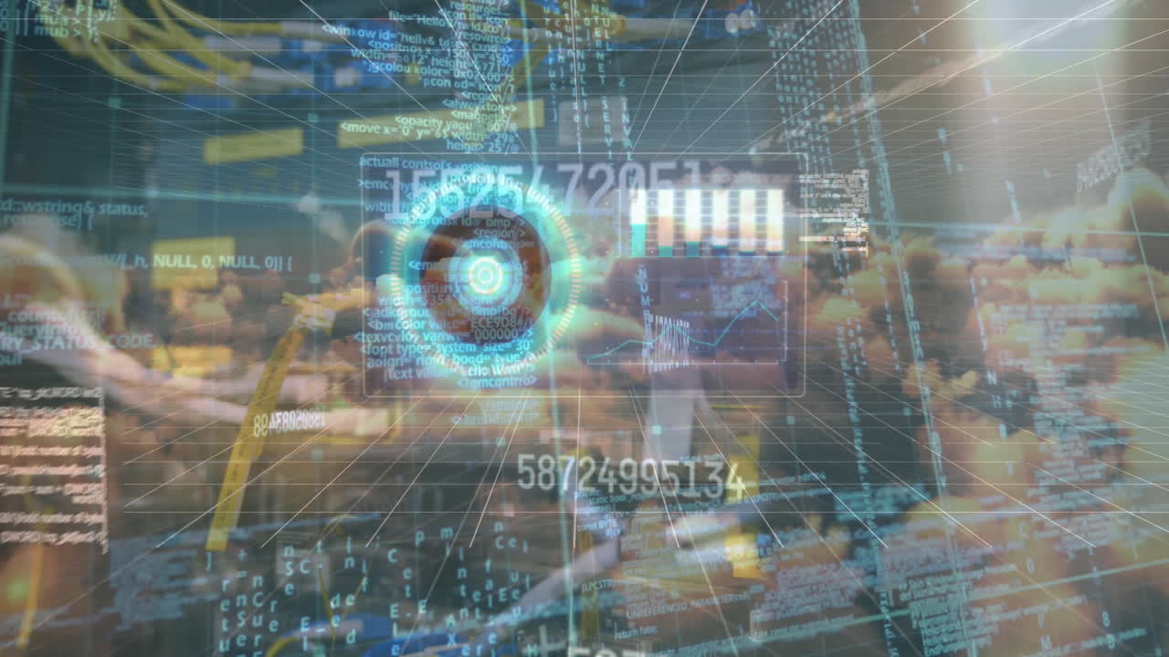 animación de escaneo de alcance y procesamiento de datos sobre servidor y cielo con nubes.