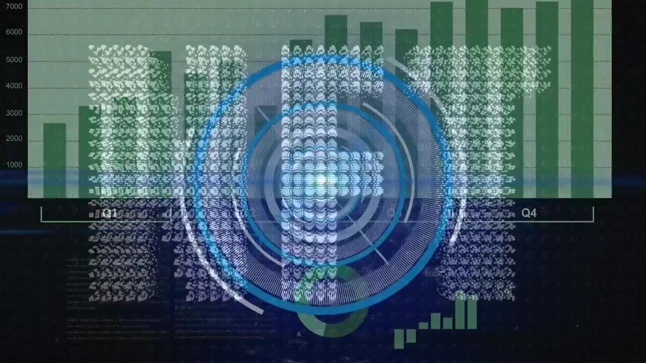 Animation of scope scanning over data processing with nft text on black background