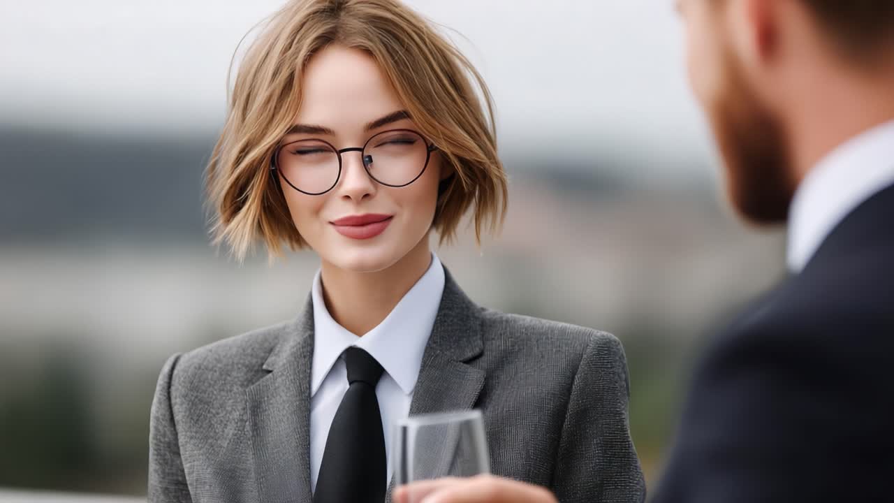 Elegant Businesswoman Enjoying a Toast with Glass in Hand, Displaying Confidence and Charm in a Professional Yet Relaxed Outdoor Setting
