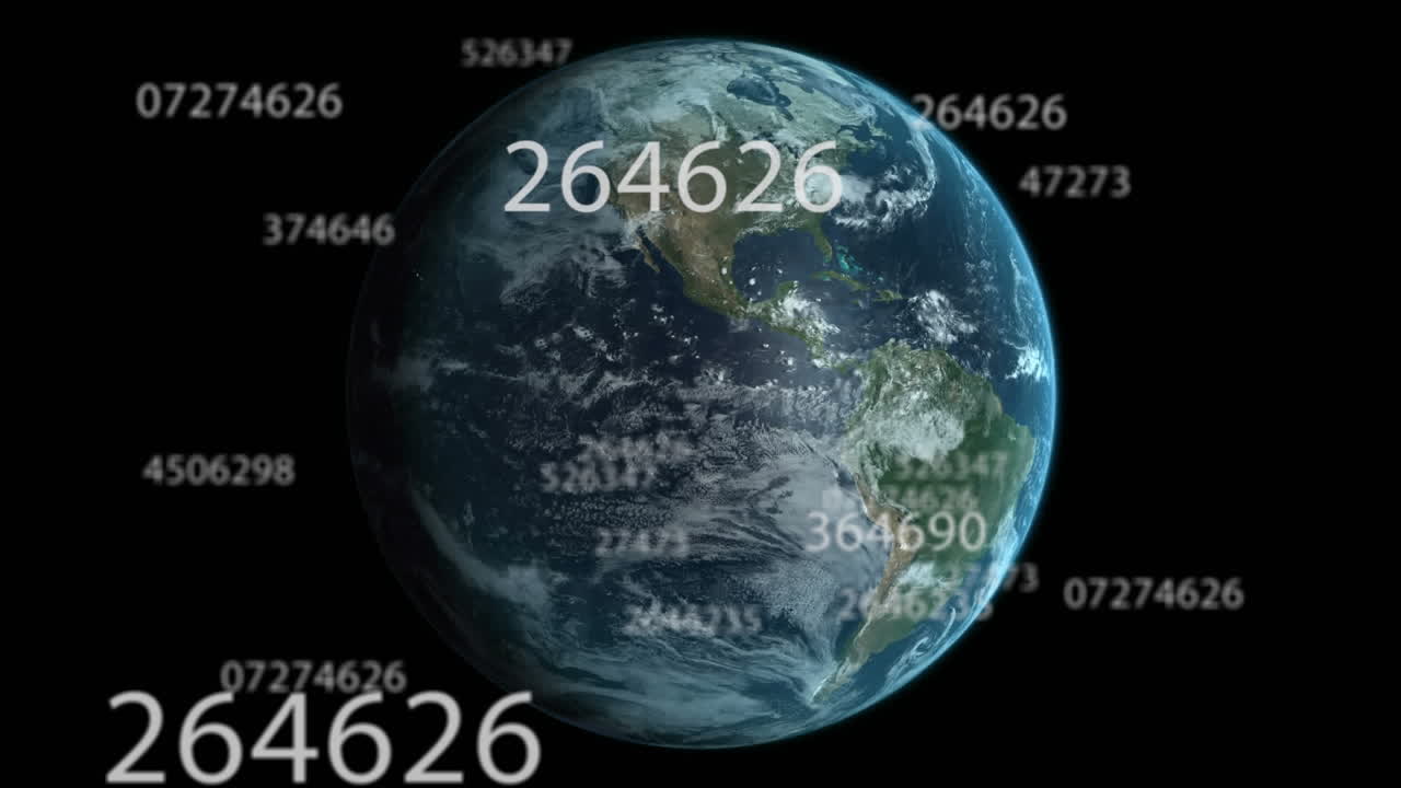 Chiffres multiples en évolution devant un globe terrestre en rotation, sur fond noir