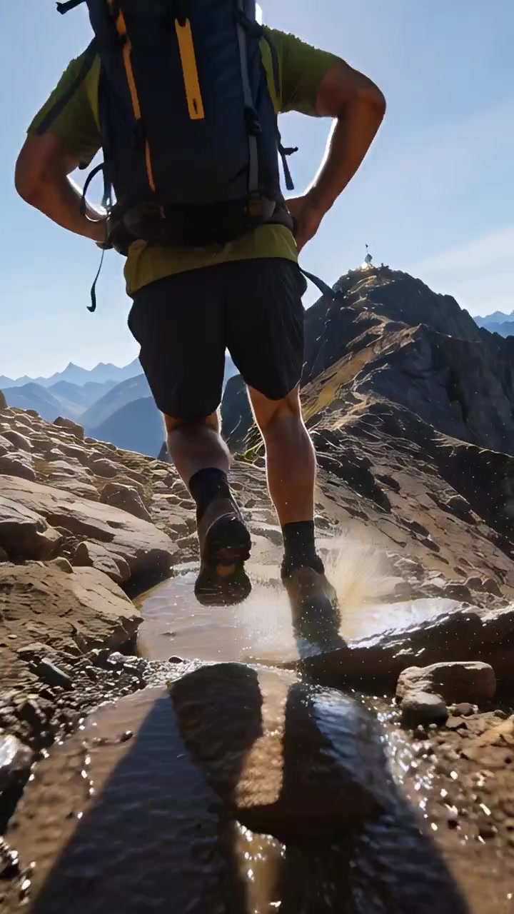 Video verticale: Escursionista che corre e schizza pozzanghere su una cresta alpina, con lo zaino, diretto verso la cima.