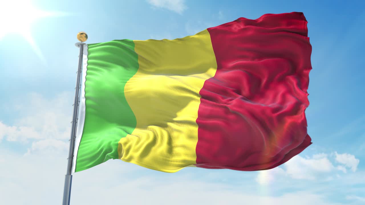 Mali flag waving in the wind against deep blue sky. National theme, international concept. 3D Render Seamless Loop 4K