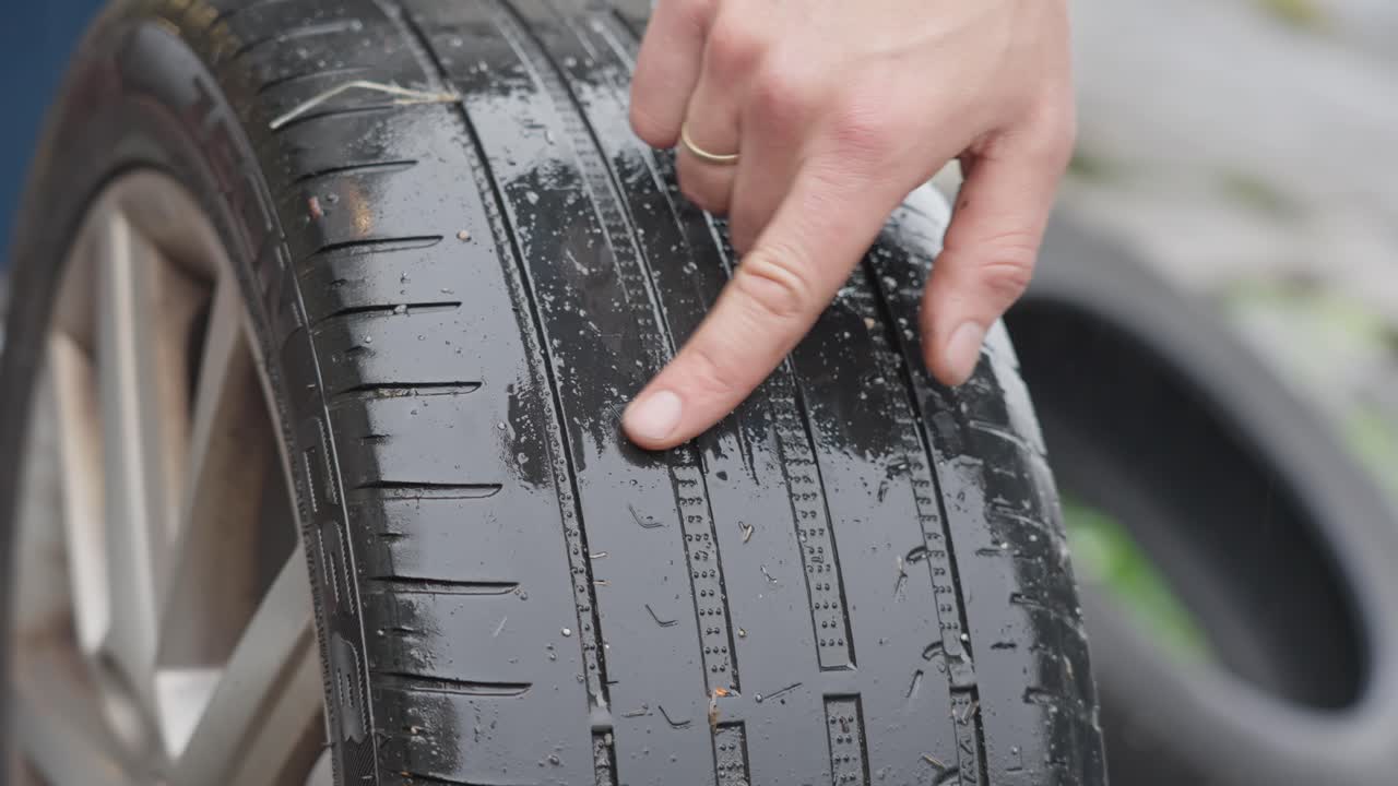 Closeup of wet worn tire as hand checks tread depth and confirms dangerous low condition