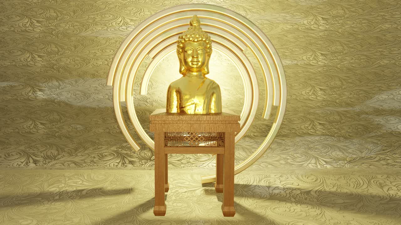 Golden Buddha statue on wooden stand. 3d render animation