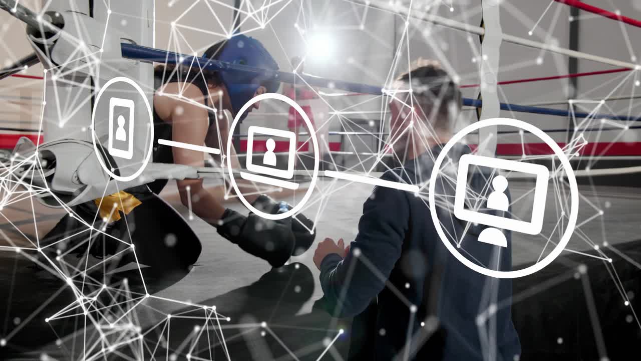 Boxing coach offering water, fixing gear, boxer drinking and preparing reentry, network overlaying