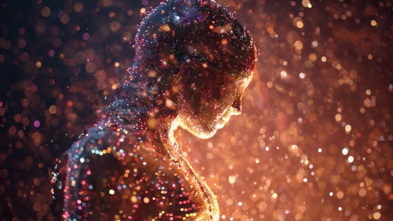 An Enigmatic Figure Shrouded in Sparkling Particles Illuminated Against a Dark Background, Capturing the Essence of Light and Mystery in a Captivating Display