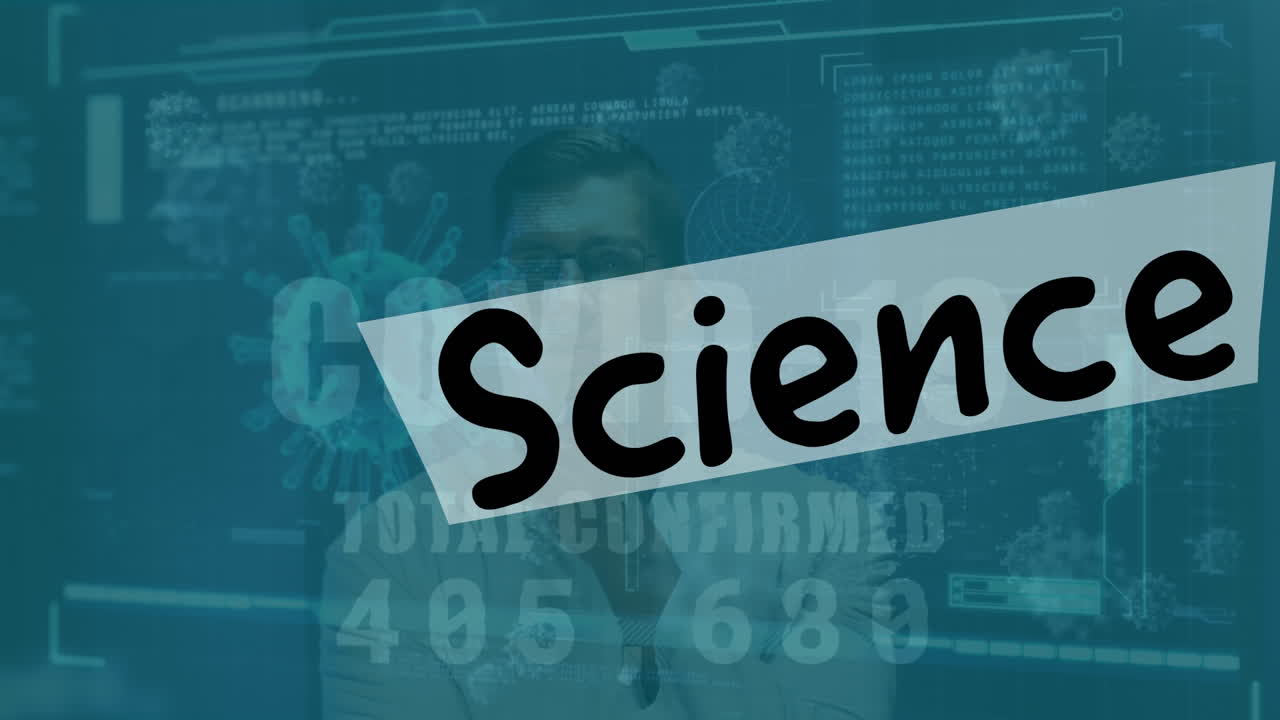 데이터 처리 및 과학 텍스트의 애니메이션 백인 남성 의사